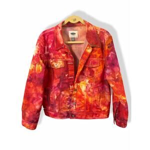 Hand tie dyed ice dyed jean jacket red pink orange yellow gold XL